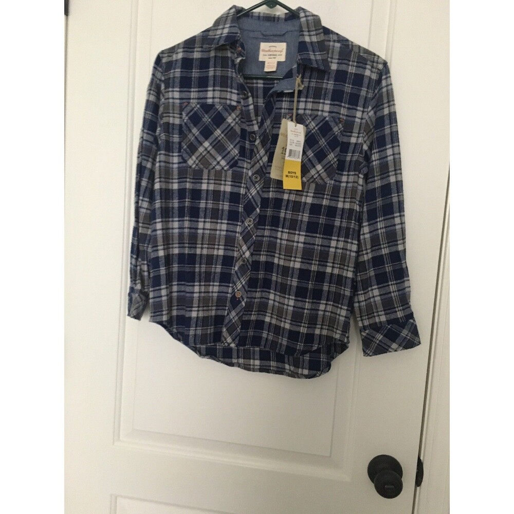 Weatherproof Boys Blue Plaid Flannel Long Sleeve Button Down Shirt Size M 10/12